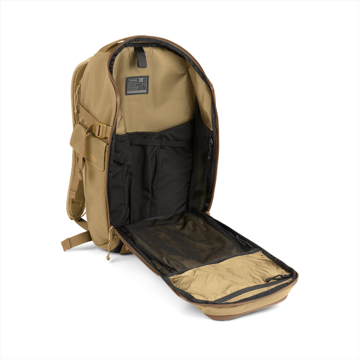 20L Mission Daypack (Coyote Brown) with open compartment showing Coyote interior on a white background / Coyote Brown