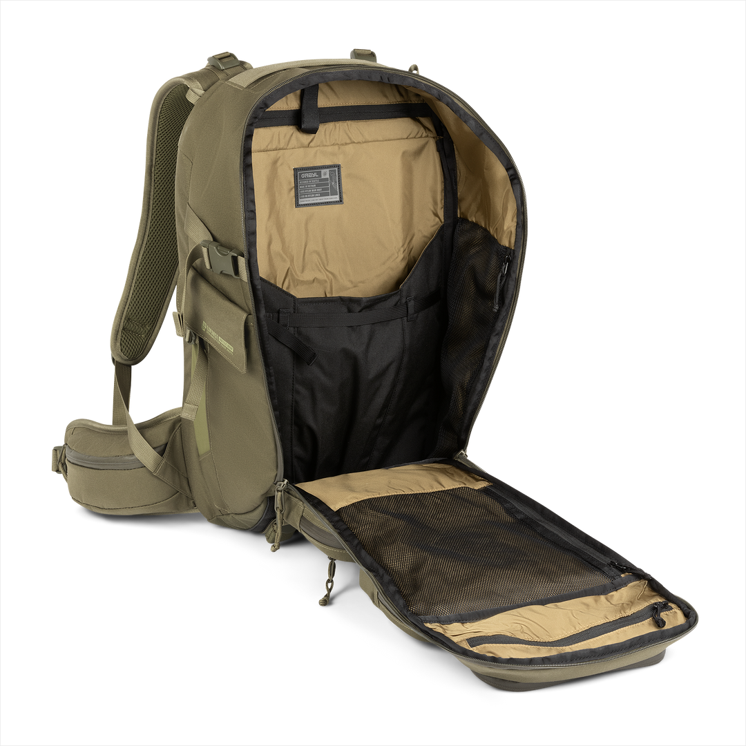 30L Mission Backpack (Olive Drab) with open compartment showing Coyote interior on a white background / Olive Drab