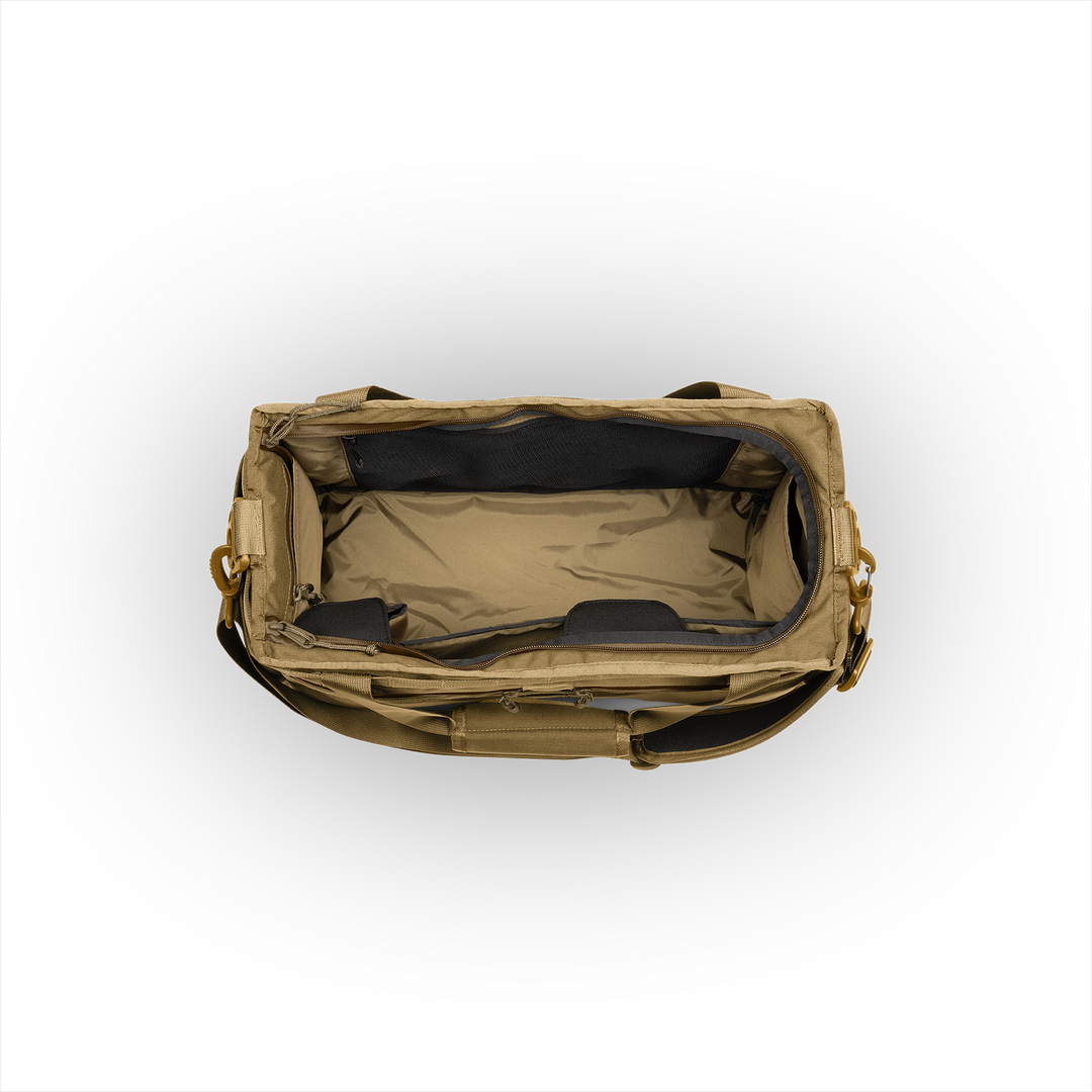 32L Mission Hauler Tote (Coyote Brown) with main compartment open showing Coyote interior and pockets on a white background / Coyote Brown