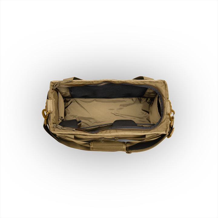 32L Mission Hauler Tote (Coyote Brown) with main compartment open showing Coyote interior and pockets on a white background / Coyote Brown