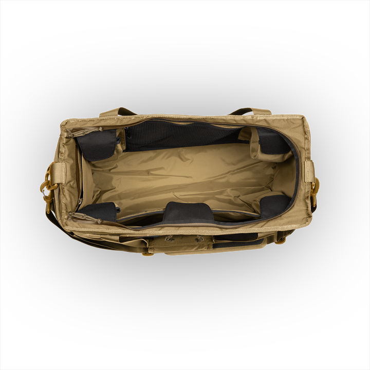 45L Mission Hauler Tote (Coyote Brown) with main compartment open showing Coyote interior and pockets on a white background / Coyote Brown