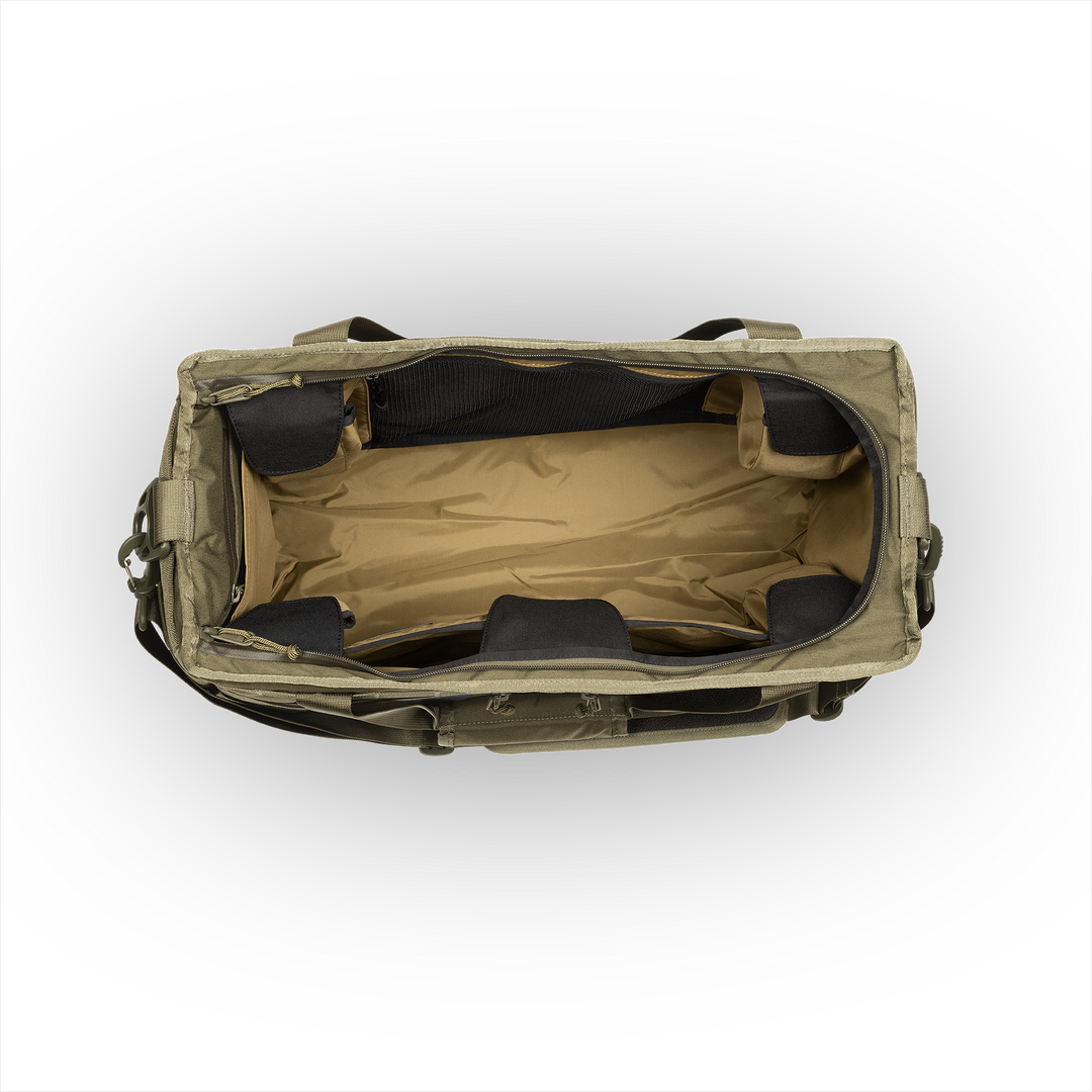 45L Mission Hauler Tote (Olive Drab) with main compartment open showing Coyote interior and pockets on a white background / Olive Drab