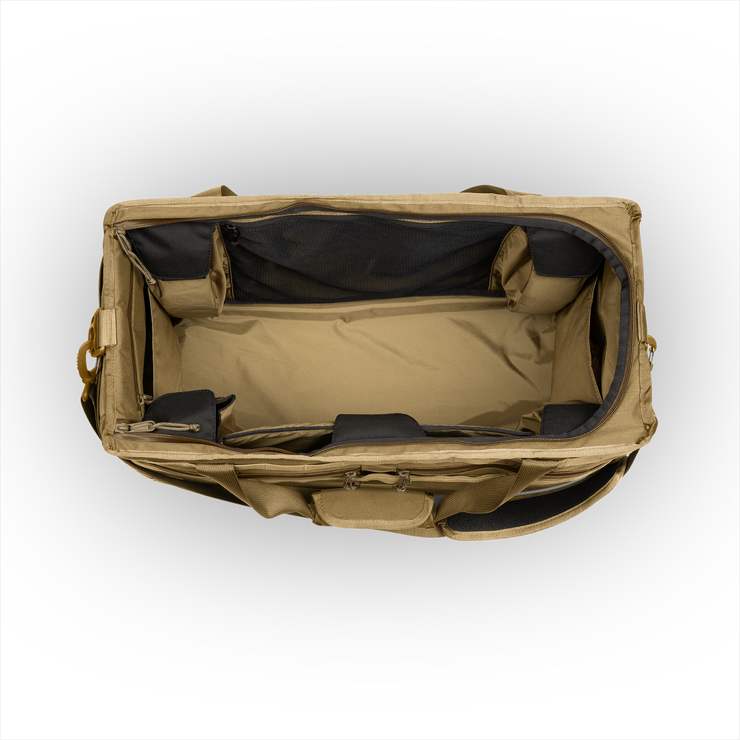 58L Mission Hauler Tote (Coyote Brown) with main compartment open showing Coyote interior and pockets on a white background / Coyote Brown