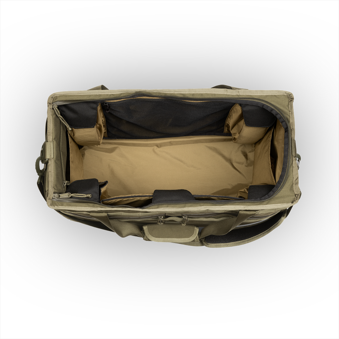 58L Mission Hauler Tote (Olive Drab) with main compartment open showing Coyote interior and pockets on a white background / Olive Drab