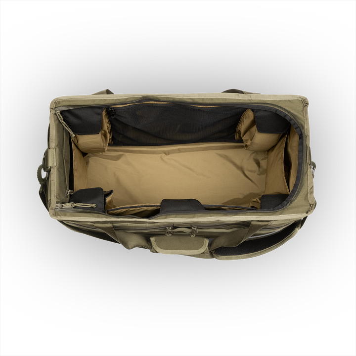 58L Mission Hauler Tote (Olive Drab) with main compartment open showing Coyote interior and pockets on a white background / Olive Drab