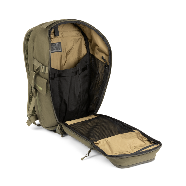 20L Transport Backpack (Olive Drab) with open compartment showing Coyote interior on a white background / Olive Drab