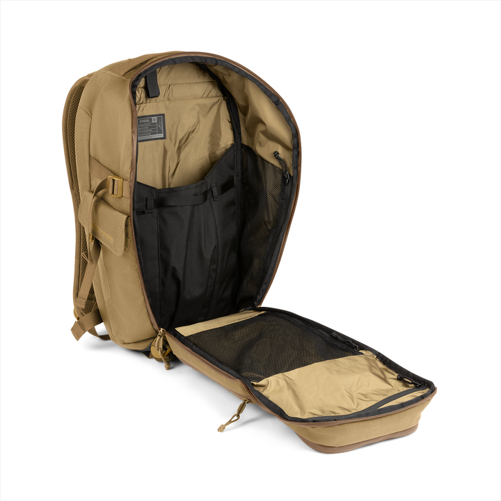 25L Transport Backpack (Coyote Brown) with open compartment showing Coyote interior on a white background / Coyote Brown