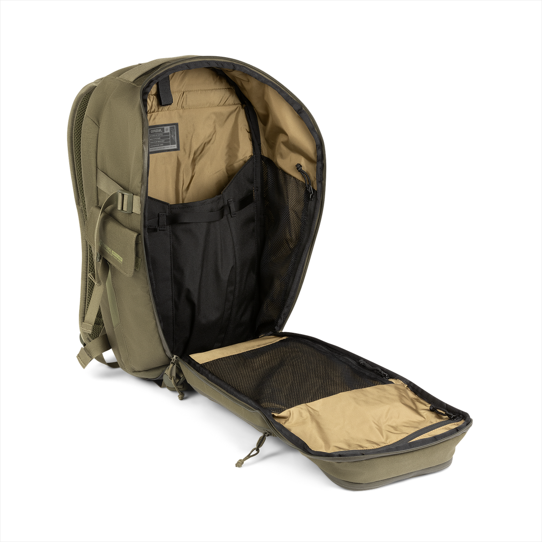 25L Transport Backpack (Olive Drab) with open compartment showing Coyote interior on a white background / Olive Drab