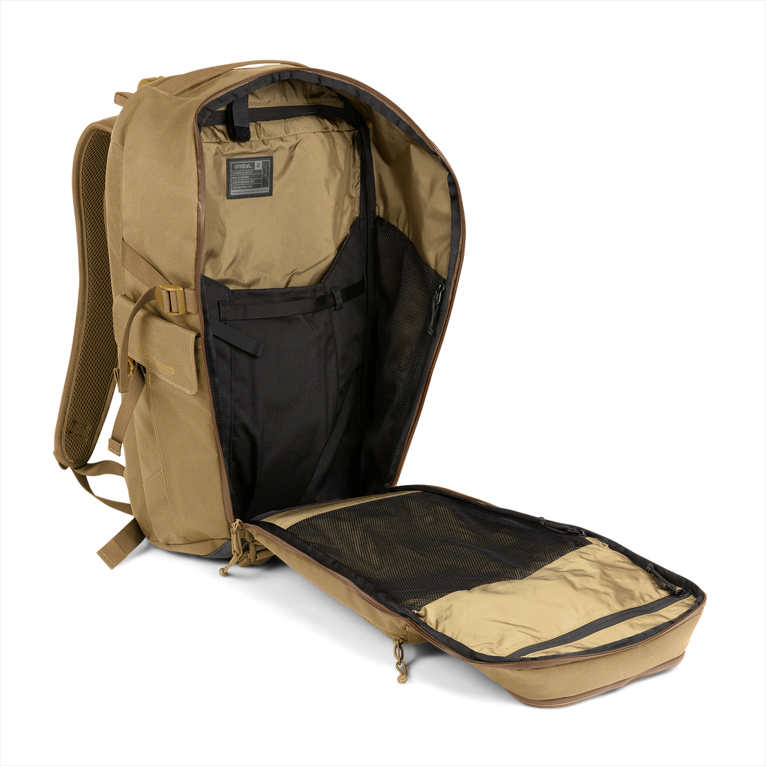 30L Transport Backpack (Coyote Brown) with open compartment showing Coyote interior on a white background / Coyote Brown