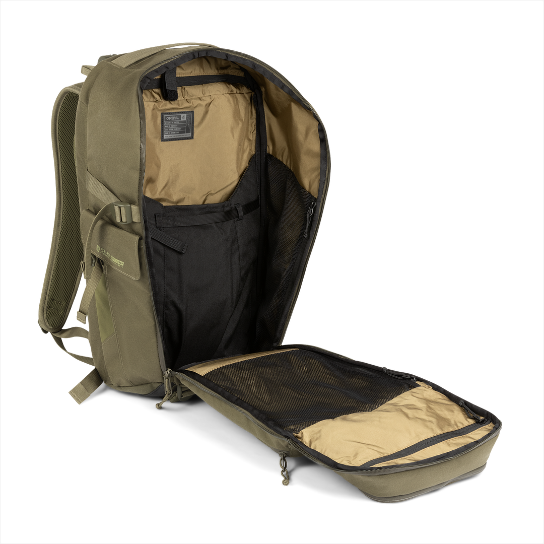 30L Transport Backpack (Olive Drab) with open compartment showing Coyote interior on a white background / Olive Drab
