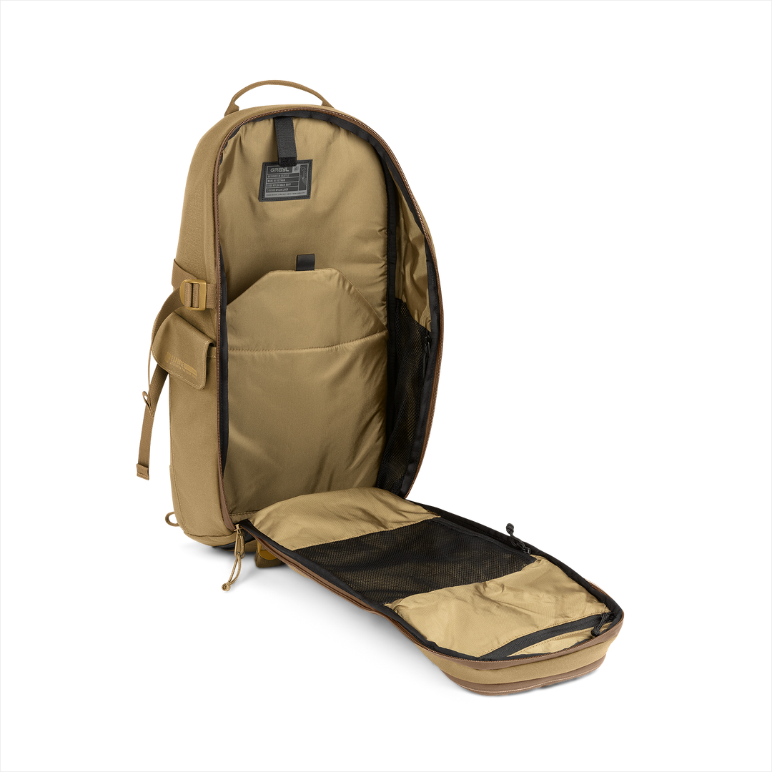 18L Transport Sling Daypack (Coyote Brown) with open compartment showing Coyote interior on a white background / Coyote Brown