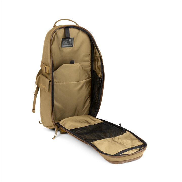 18L Transport Sling Daypack (Coyote Brown) with open compartment showing Coyote interior on a white background / Coyote Brown