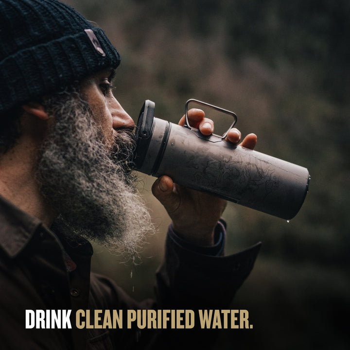 Grayl UltraPress Titanium Filter and Purifier Water Bottle – 16.9 Fluid Ounces / Covert Edition / Drink View / Coyote Brown