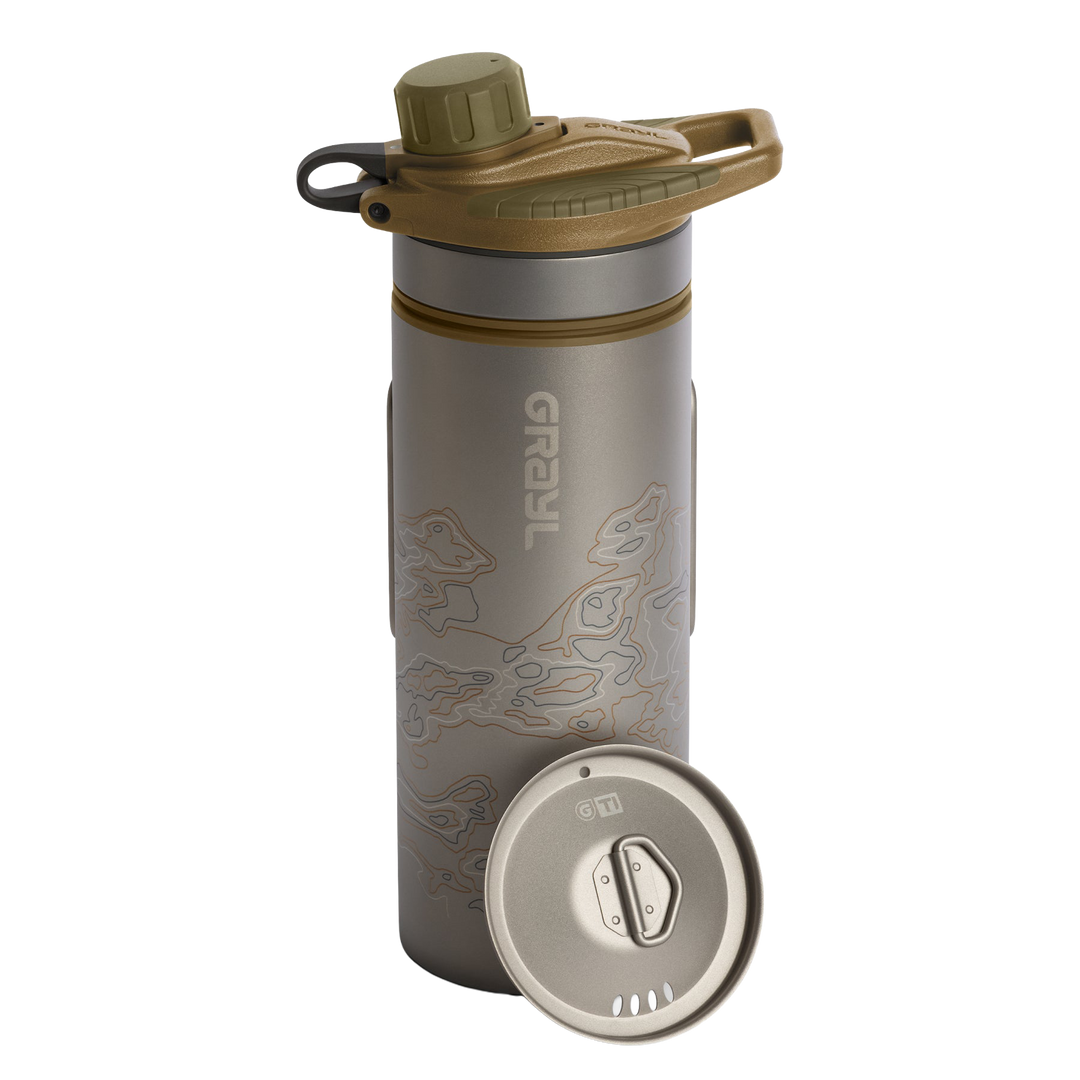 Grayl GeoPress Titanium Filter and Purifier Water Bottle PLUS Cook Lid – 24 Fluid Ounces / Covert Edition / Standard View / Coyote Brown