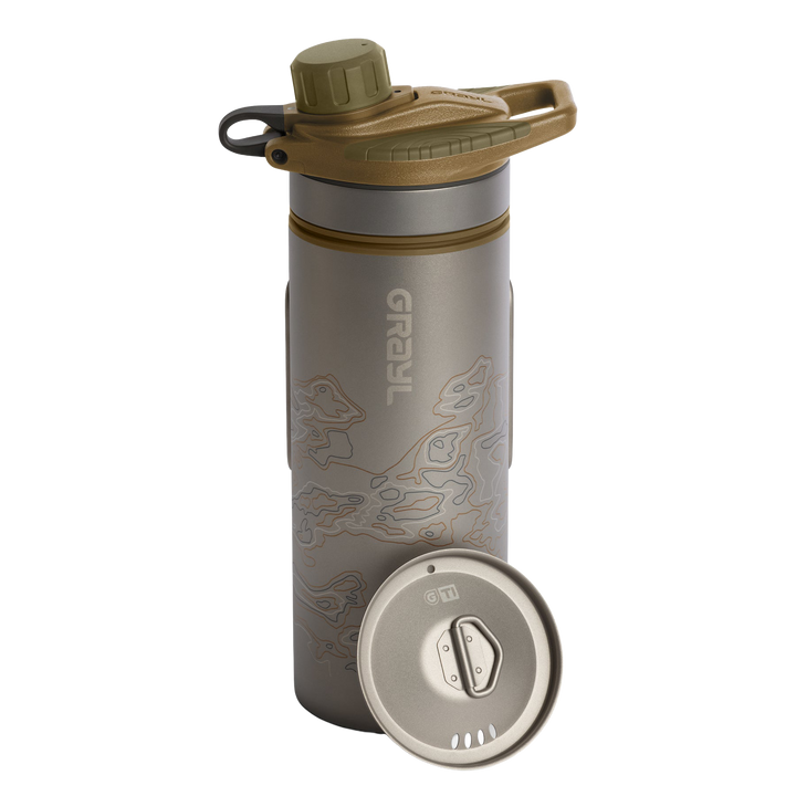 Grayl GeoPress Titanium Filter and Purifier Water Bottle PLUS Cook Lid – 24 Fluid Ounces / Covert Edition / Standard View / Coyote Brown