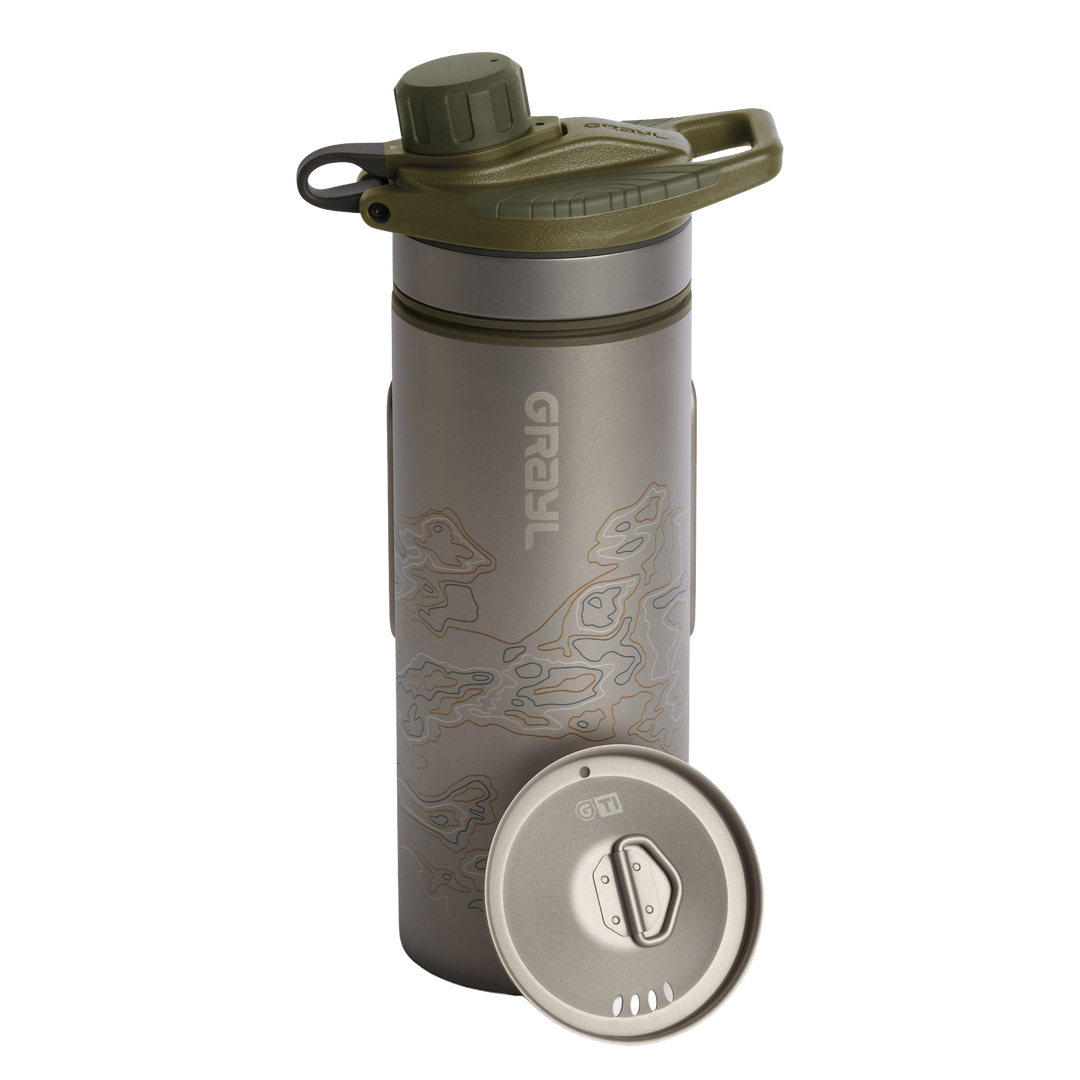 Grayl GeoPress Titanium Filter and Purifier Water Bottle PLUS Cook Lid – 24 Fluid Ounces / Covert Edition / Standard View / Olive Drab