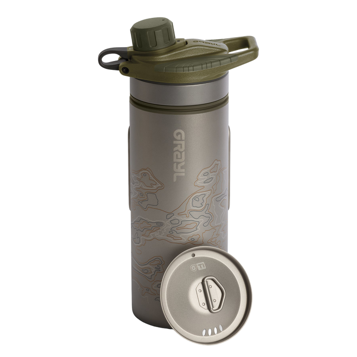 Grayl GeoPress Titanium Filter and Purifier Water Bottle PLUS Cook Lid – 24 Fluid Ounces / Covert Edition / Standard View / Olive Drab
