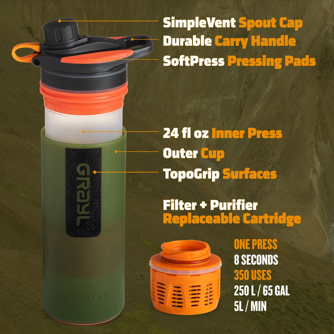 Best top rated Grayl GeoPress Filter and Purifier Water Bottle - 24 Fluid Ounces / Nature Edition / Parts View / Oasis Green