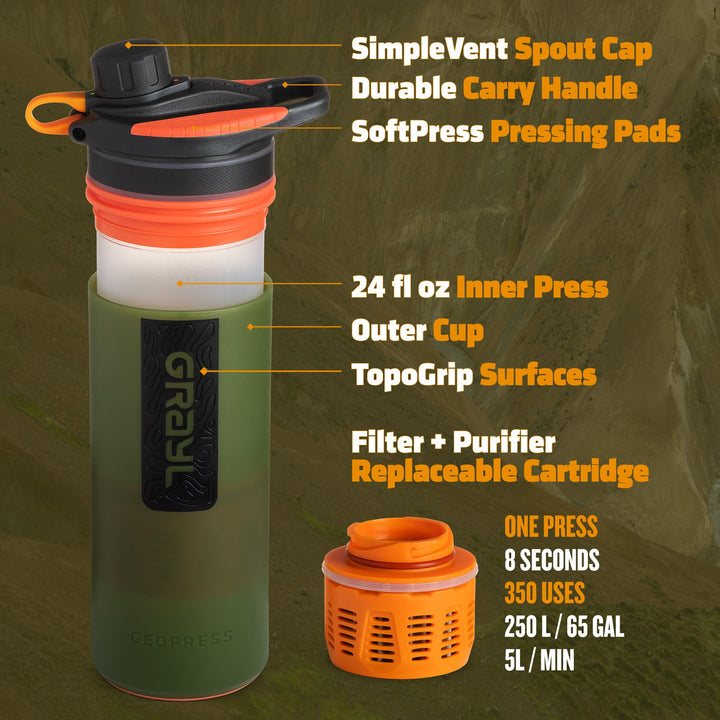 Best top rated Grayl GeoPress Filter and Purifier Water Bottle - 24 Fluid Ounces / Nature Edition / Parts View / Oasis Green