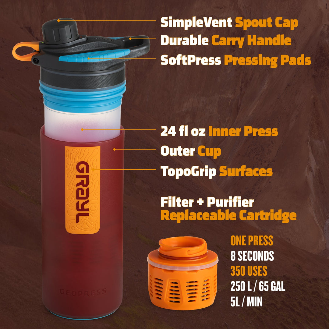 Best top rated Grayl GeoPress Filter and Purifier Water Bottle - 24 Fluid Ounces / Nature Edition / Parts View / Wanderer Red