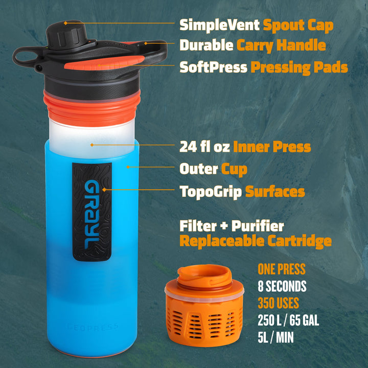 Best top rated Grayl GeoPress Filter and Purifier Water Bottle - 24 Fluid Ounces / Nature Edition / Parts View / Bali Blue