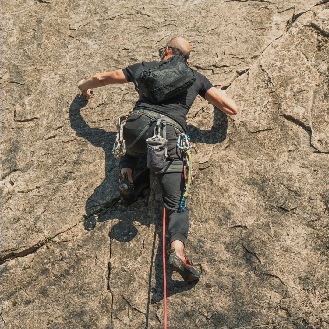 From your shoulder, to your waist, to your pack.