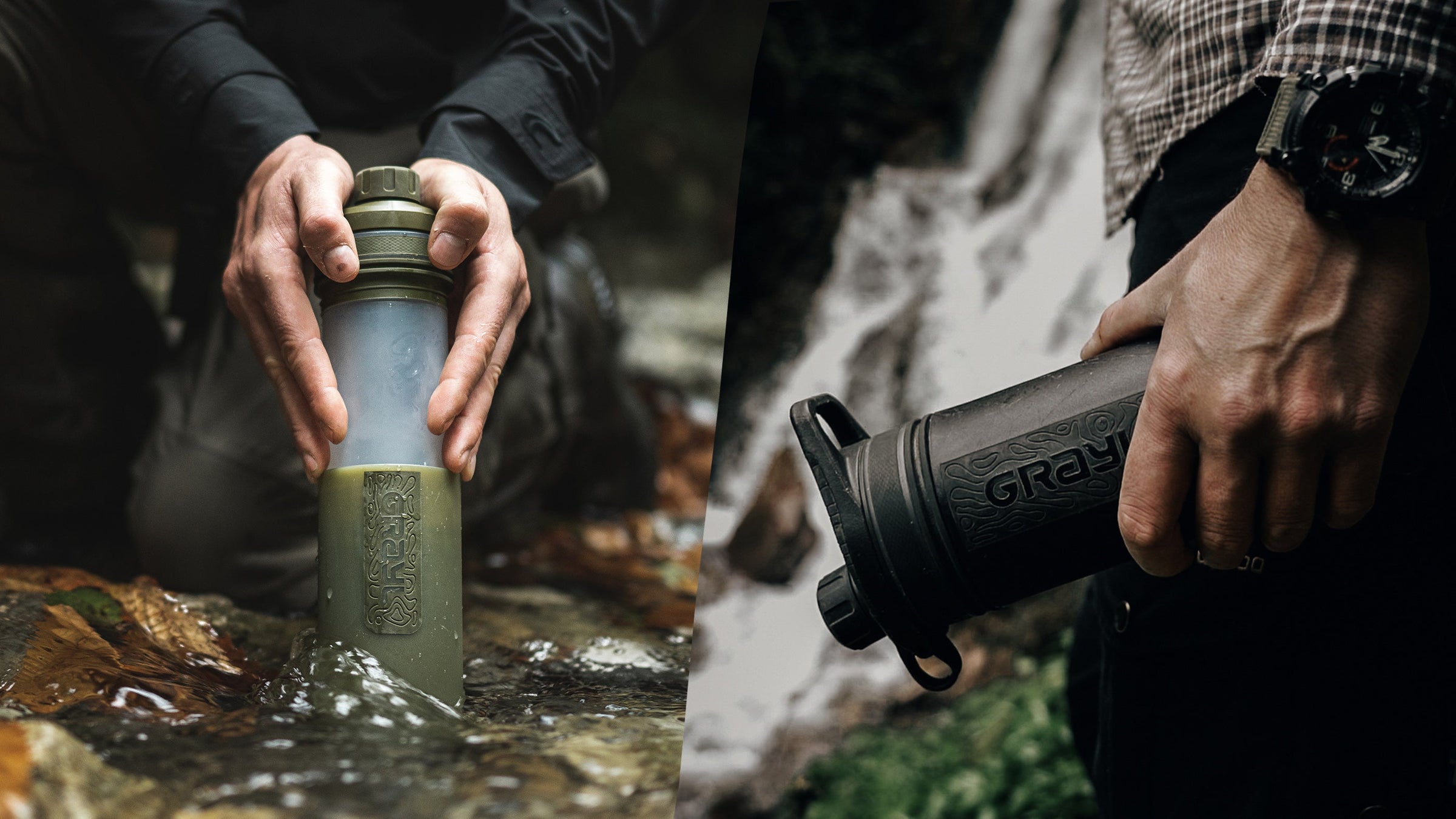 Eine GeoPress (Covert Black) und eine UltraPress (Olive Drab), abgebildet in einer Berglandschaft.