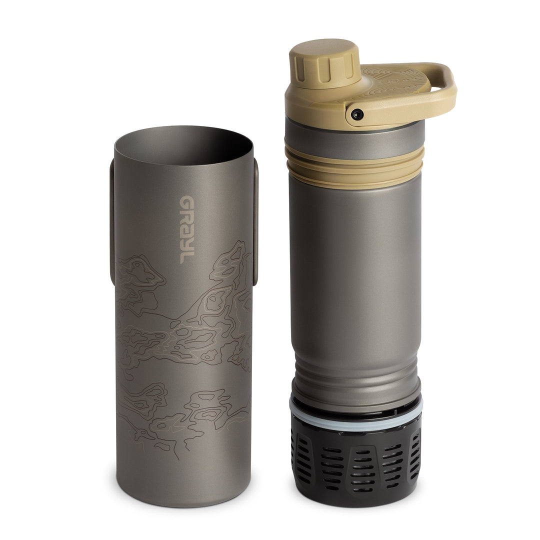 Grayl UltraPress Titanium Filter und Reiniger Wasserflasche - 16,9 Flüssigkeit Unzen / Covert Edition / getrennte Ansicht / Desert Tan