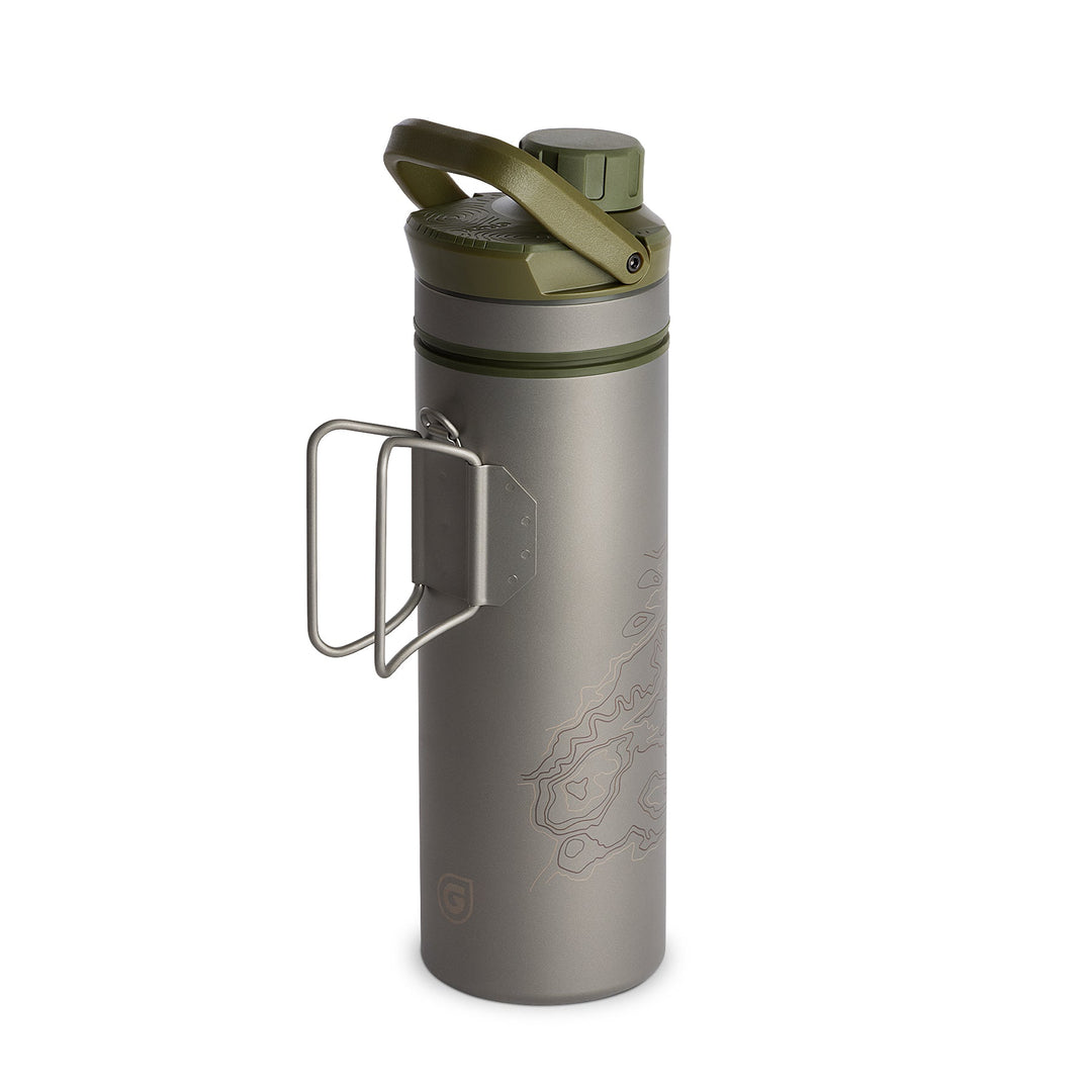 Grayl UltraPress Titanium Filter und Reiniger Wasserflasche - 16,9 Fluid Ounces / Covert Edition / FlipCarry Griff nach oben Blick / Olive Drab