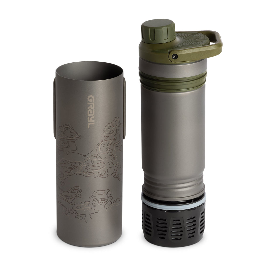 Grayl UltraPress Titanium Filter und Reiniger Wasserflasche - 16,9 Flüssigkeit Unzen / Covert Edition / getrennte Ansicht / Olive Drab