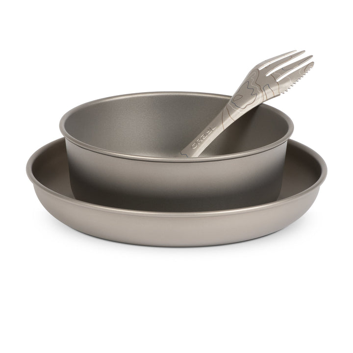 Grayl Ti Plate (170mm), Ti Bowl (138mm) und Spork inside (170mm) / Side Nested View