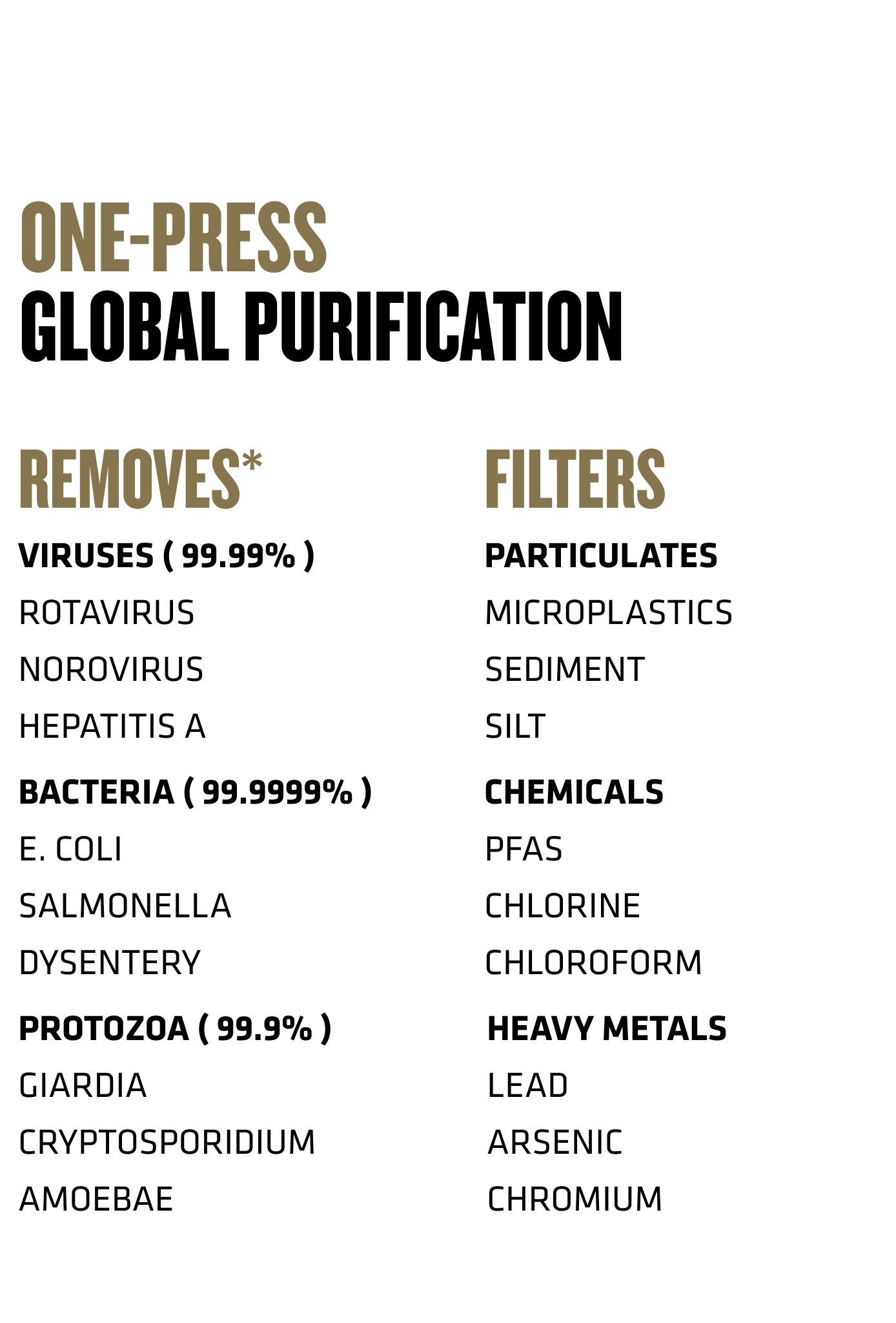 One-Press Global Purification entfernt Viren (99,99%), Bakterien (99,9999%) und Protozoen (99,9%); filtert Partikel, Chemikalien und Schwermetalle