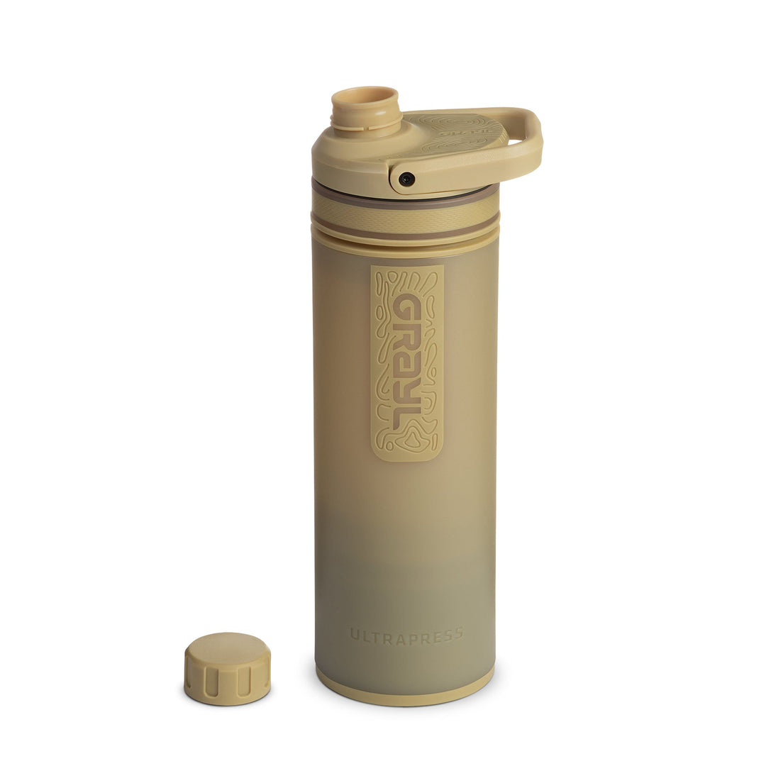 La meilleure bouteille d'eau filtrante et purificatrice Grayl UltraPress - 16.9 Fluid Ounces / Covert Edition / Spout Cap Off View / Desert Tan