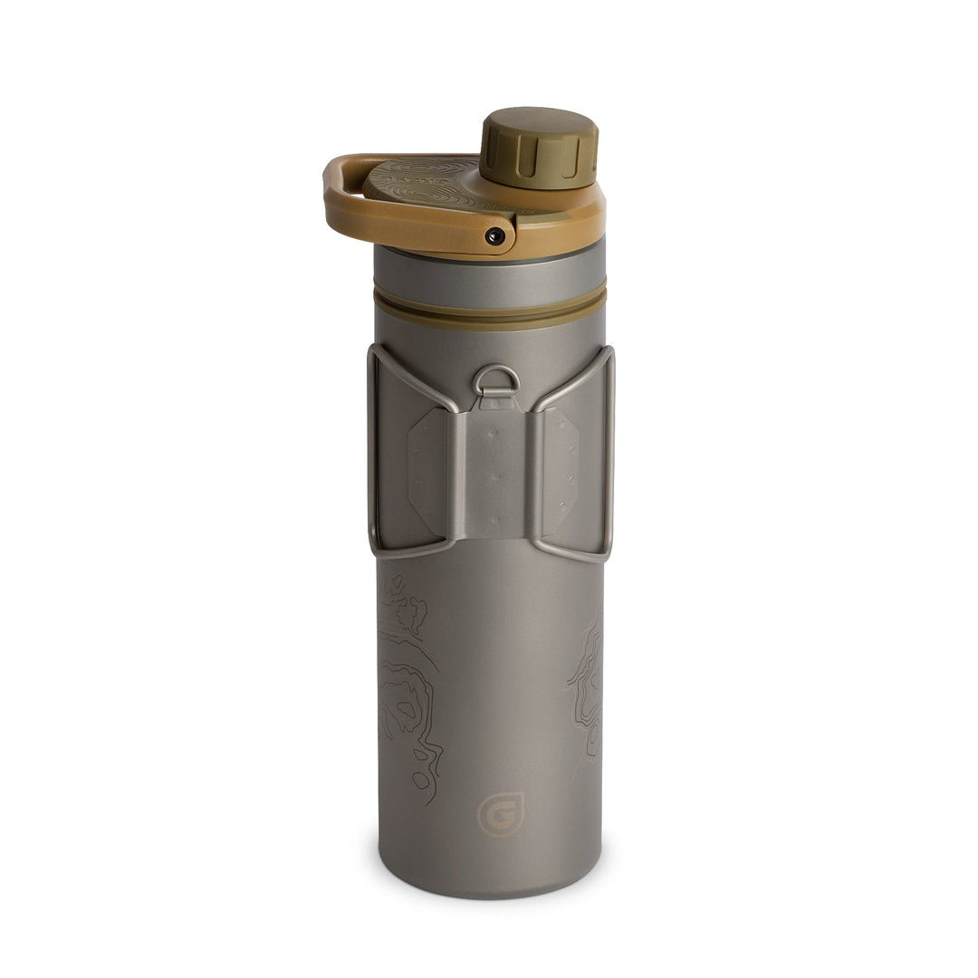 Grayl UltraPress Titanium Filter and Purifier Water Bottle - 16.9 Fluid Ounces / Covert Edition / Backside View / Coyote Brown