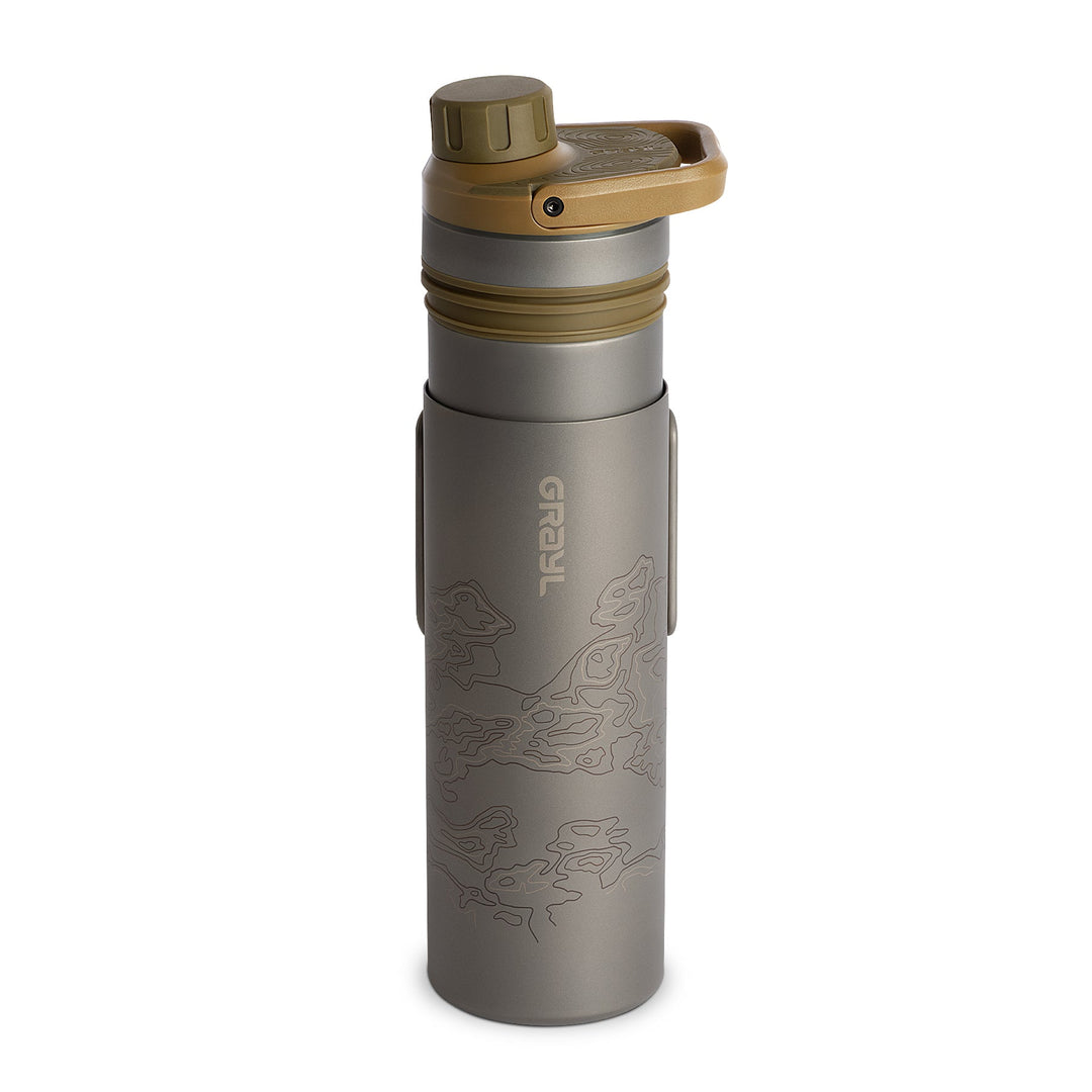 Grayl UltraPress Titanium Filter and Purifier Water Bottle - 16.9 Fluid Ounces / Covert Edition / Purifying Press View / Coyote Brown