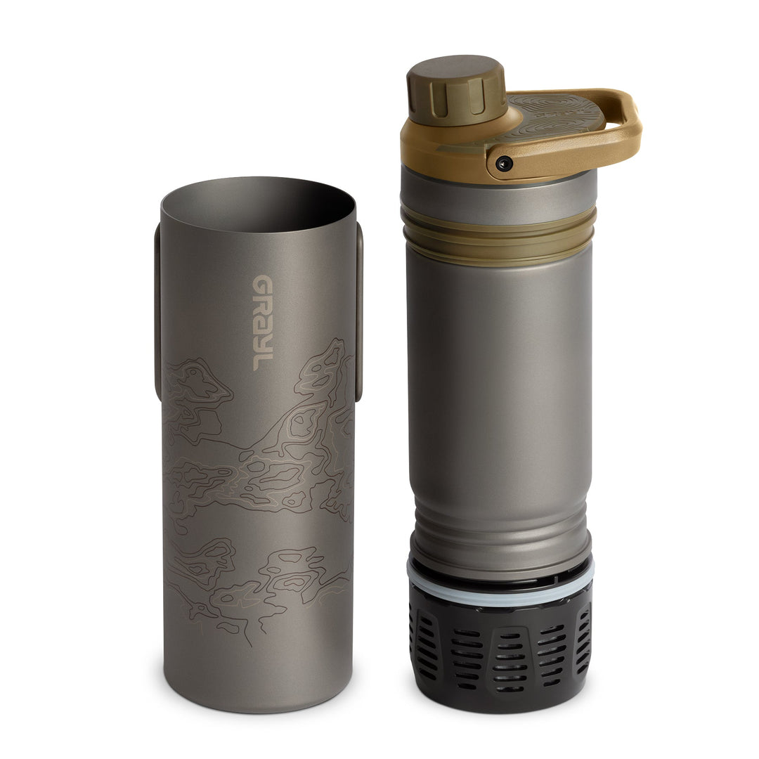 Grayl UltraPress Titanium Filter and Purifier Water Bottle - 16.9 Fluid Ounces / Covert Edition / Separated View / Coyote Brown