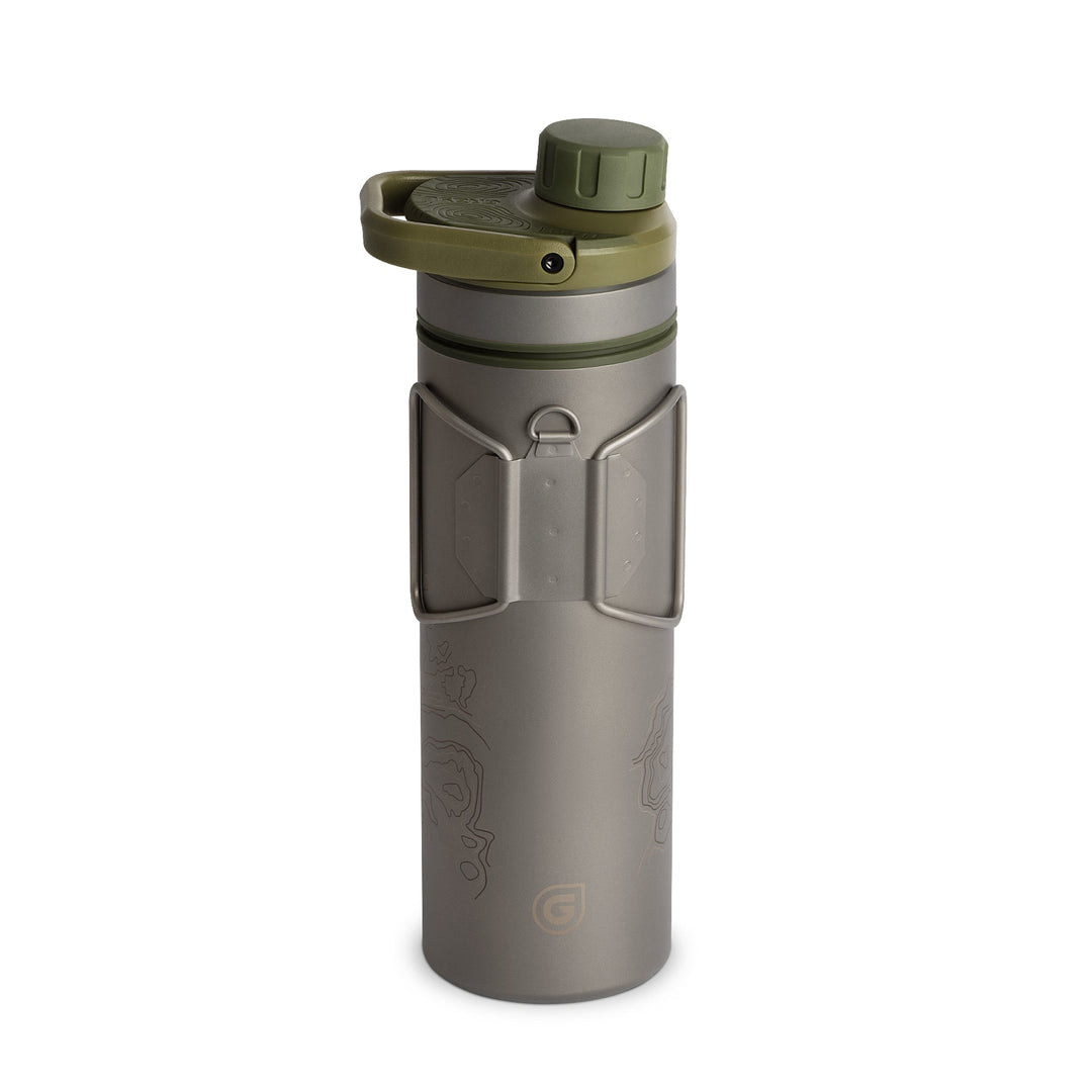 Grayl UltraPress Titanium Filter and Purifier Water Bottle - 16.9 Fluid Ounces / Covert Edition / Backside View / Olive Drab