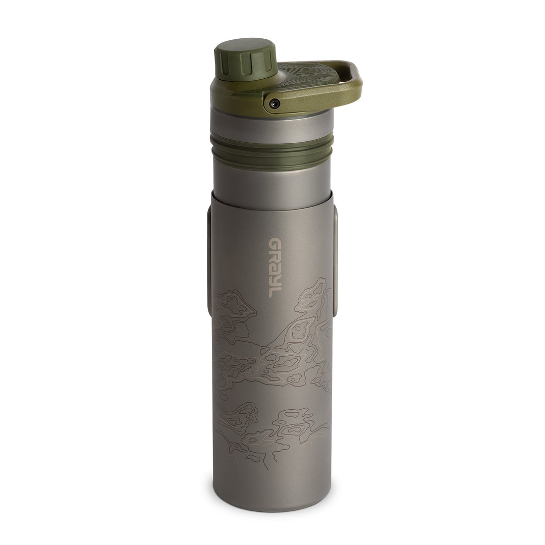 Grayl UltraPress Titanium Filter and Purifier Water Bottle - 16.9 Fluid Ounces / Covert Edition / Purifying Press View / Olive Drab