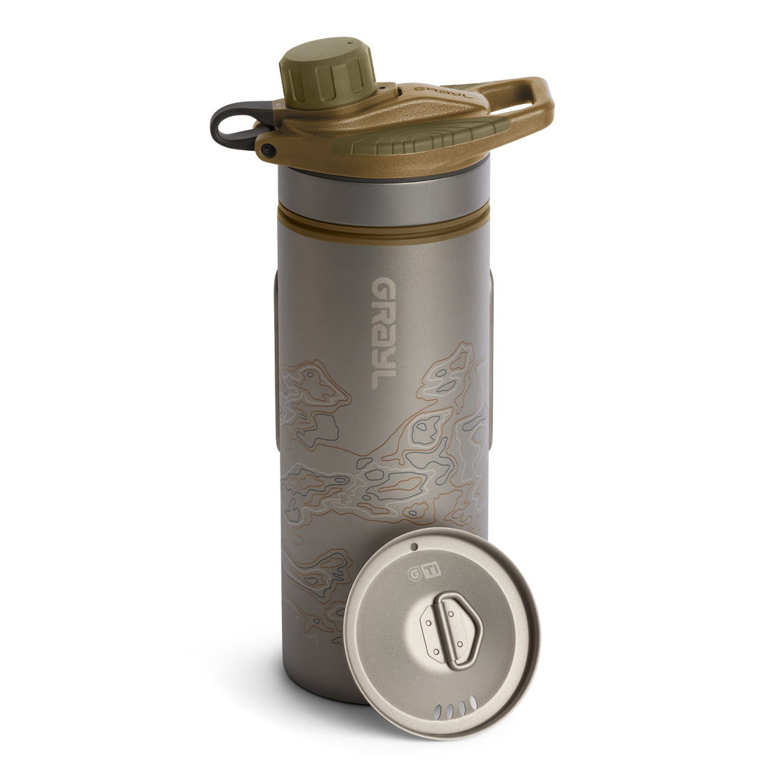 Grayl GeoPress Titanium Filter and Purifier Water Bottle PLUS Cook Lid - 24 Fluid Ounces / Covert Edition / Standard View / Coyote Brown